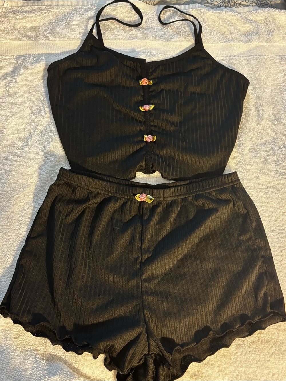 2 sets of Ribbed Two-Piece Cami & Shorts Set with Floral Buttons-Black and Tan